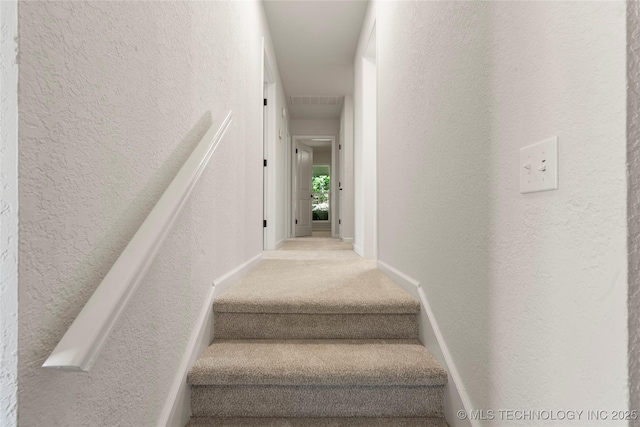 3442 E 75th Pl, Tulsa, OK 74136 - staircase with a textured wall and carpet flooring
