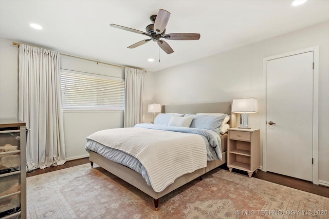 3606 E 70th Pl, Tulsa, OK 74136 - bedroom featuring wood finished floors, recessed lighting, and a ceiling fan