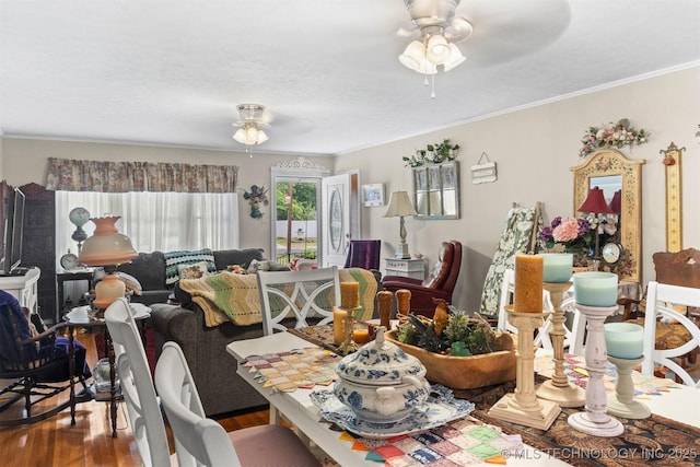 819 W Elm St, Durant, OK 74701 - dining area with ceiling fan, wood finished floors, and crown molding