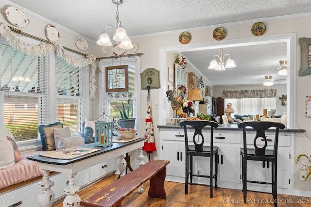 819 W Elm St, Durant, OK 74701 - dining space featuring a chandelier, wood finished floors, ornamental molding, a textured ceiling, and a ceiling fan
