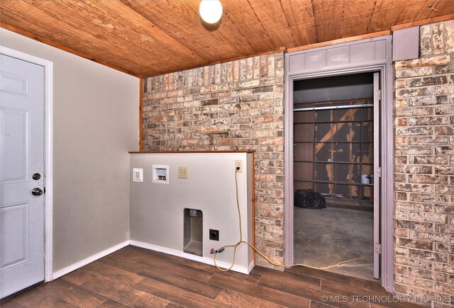 12518 E 25th St, Tulsa, OK 74129 - clothes washing area featuring wood ceiling, washer hookup, dark wood-style floors, and baseboards