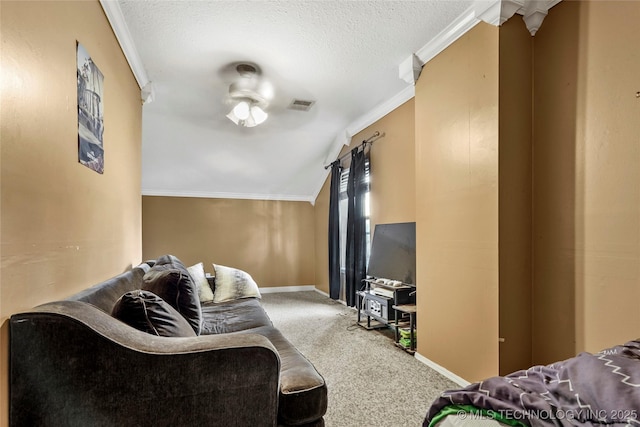 carpeted living room with ornamental molding, baseboards, a textured ceiling, and lofted ceiling