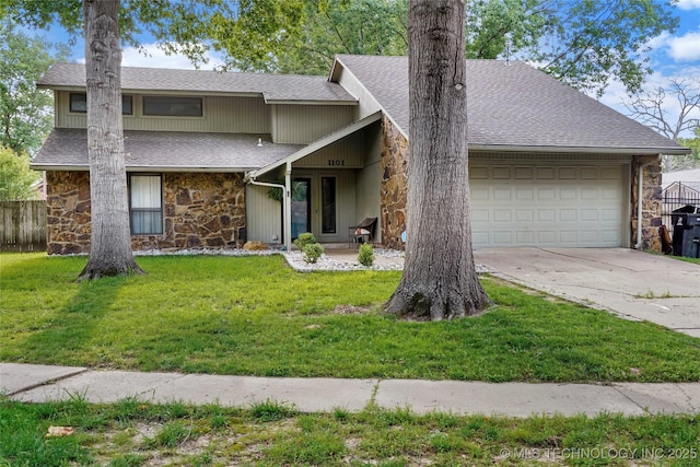 mid-century modern home with stone siding, roof with shingles, an attached garage, and driveway