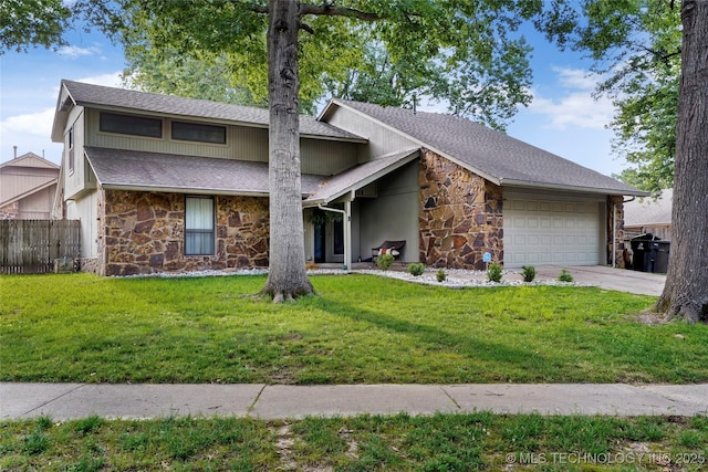 mid-century inspired home featuring stone siding, a garage, roof with shingles, and driveway