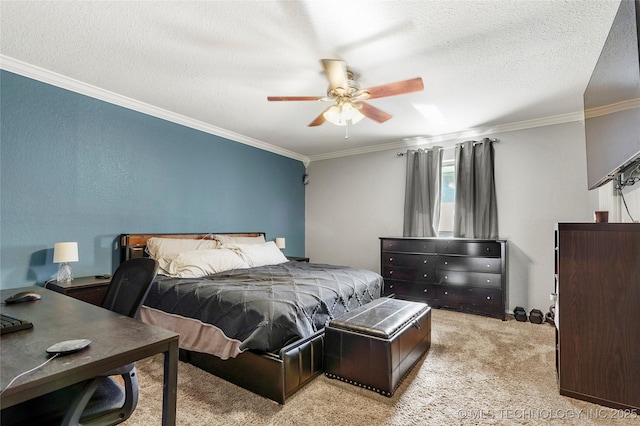 bedroom featuring carpet flooring, ornamental molding, a textured ceiling, and ceiling fan