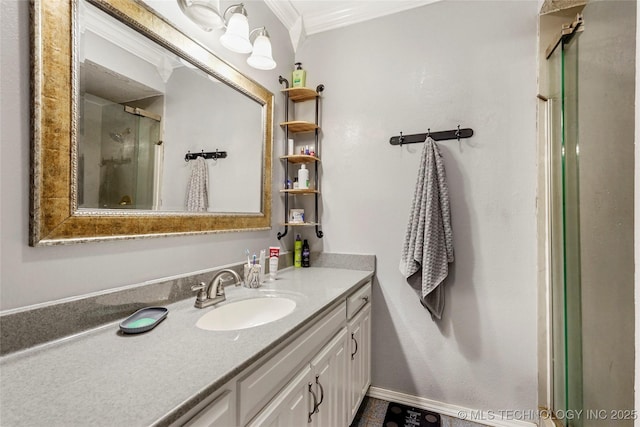 full bathroom with ornamental molding, a stall shower, and vanity