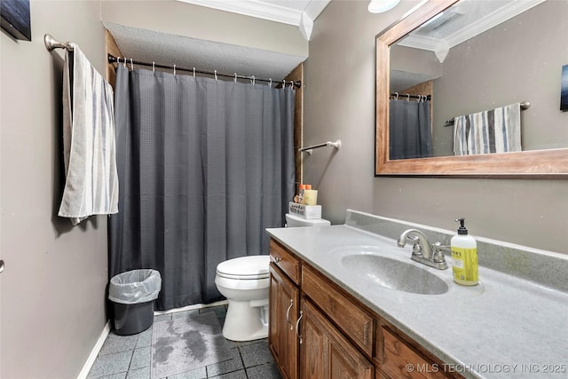 full bathroom featuring ornamental molding, toilet, vanity, granite tiled floors, and baseboards