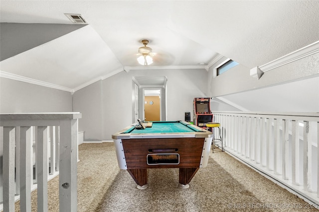game room with ceiling fan, light colored carpet, billiards, crown molding, and vaulted ceiling