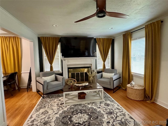 2009 S Osage Ave, Bartlesville, OK 74006 - living area with a ceiling fan, crown molding, a glass covered fireplace, light wood finished floors, and baseboards