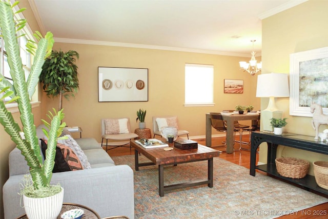 4507 S Irvington Ave, Tulsa, OK 74135 - living room featuring a chandelier, crown molding, wood finished floors, and baseboards