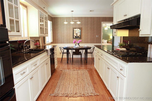 4507 S Irvington Ave, Tulsa, OK 74135 - kitchen featuring under cabinet range hood, a sink, light wood-style flooring, and a chandelier