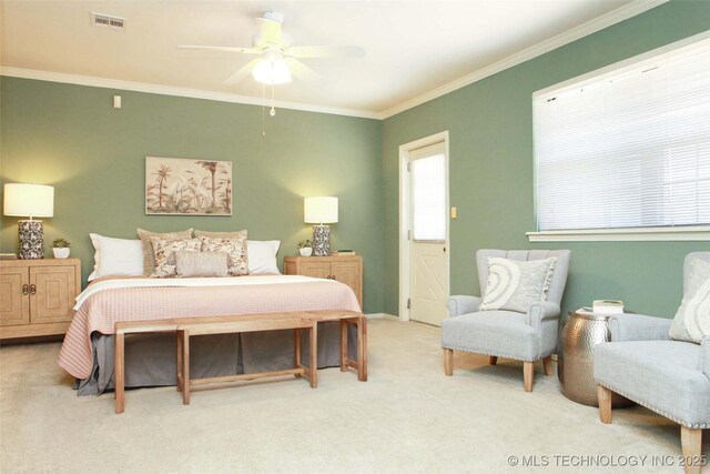 4507 S Irvington Ave, Tulsa, OK 74135 - bedroom with light carpet, crown molding, and a ceiling fan