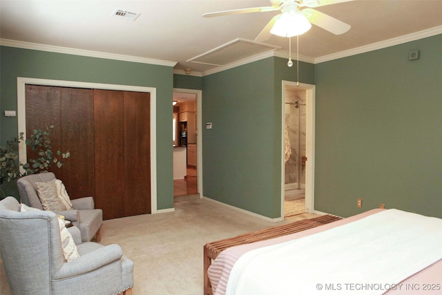 4507 S Irvington Ave, Tulsa, OK 74135 - carpeted bedroom with attic access, a closet, crown molding, baseboards, and ensuite bathroom