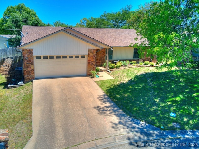 124 Canterbury Ct, Bartlesville, OK 74006 - single story home with stone siding, concrete driveway, a garage, and a shingled roof