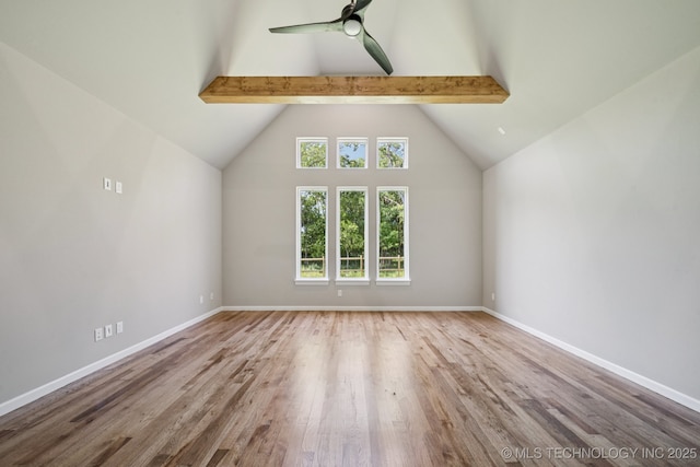 682 W 113th Ct S, Jenks, OK 74037 - unfurnished living room featuring beamed ceiling, wood finished floors, high vaulted ceiling, and ceiling fan