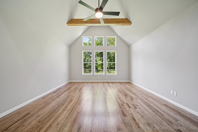 682 W 113th Ct S, Jenks, OK 74037 - bonus room featuring beamed ceiling, a ceiling fan, wood finished floors, and high vaulted ceiling