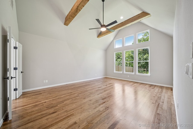 682 W 113th Ct S, Jenks, OK 74037 - unfurnished room with beamed ceiling, ceiling fan, wood finished floors, and high vaulted ceiling