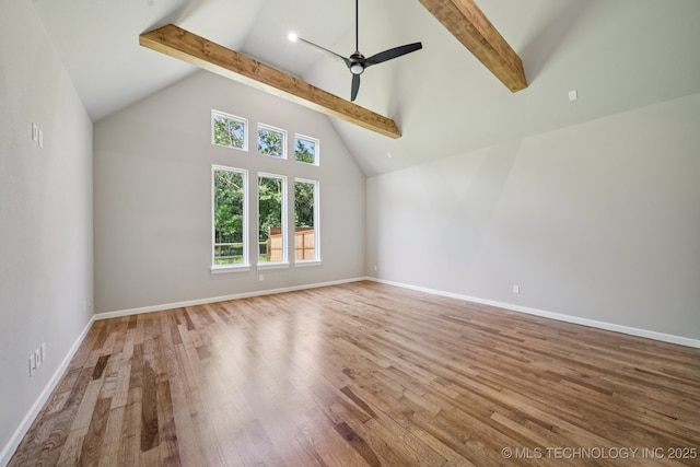 682 W 113th Ct S, Jenks, OK 74037 - bonus room with beamed ceiling, wood finished floors, high vaulted ceiling, and ceiling fan