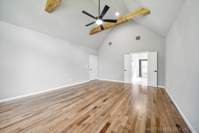 682 W 113th Ct S, Jenks, OK 74037 - spare room featuring beam ceiling, high vaulted ceiling, ceiling fan, and light wood-type flooring