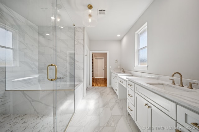 682 W 113th Ct S, Jenks, OK 74037 - bathroom featuring vanity, a shower stall, and marble finish flooring