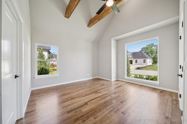 682 W 113th Ct S, Jenks, OK 74037 - empty room with wood finished floors, beam ceiling, ceiling fan, and high vaulted ceiling