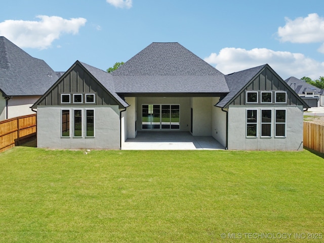 682 W 113th Ct S, Jenks, OK 74037 - back of house featuring a fenced backyard, a patio, stucco siding, board and batten siding, and roof with shingles