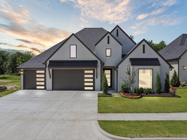 682 W 113th Ct S, Jenks, OK 74037 - modern inspired farmhouse with a standing seam roof, an attached garage, a shingled roof, concrete driveway, and a yard