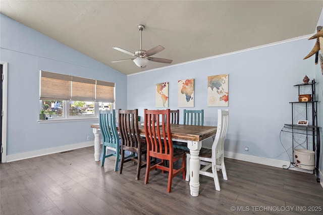 532 Hammers Rd, Ardmore, OK 73401 - dining area with lofted ceiling, a ceiling fan, dark wood finished floors, and baseboards