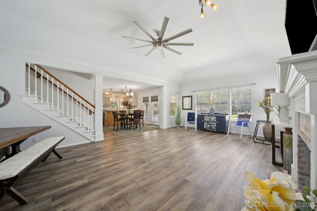 27108 E 82nd St S, Broken Arrow, OK 74014 - living room with stairway, wood finished floors, ceiling fan, baseboards, and a fireplace