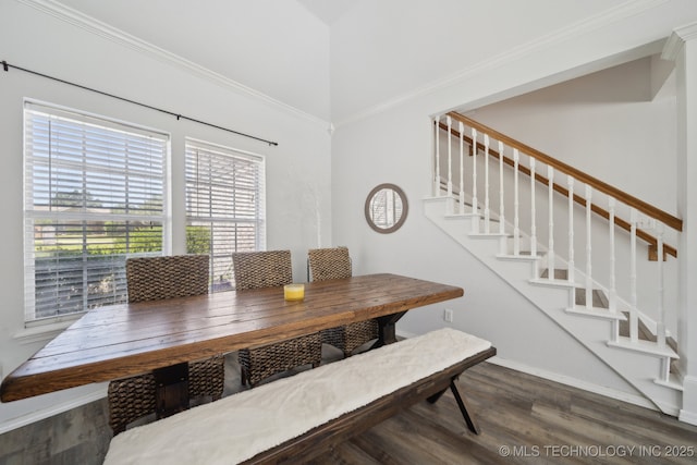 27108 E 82nd St S, Broken Arrow, OK 74014 - dining room featuring stairway, wood finished floors, baseboards, and a towering ceiling