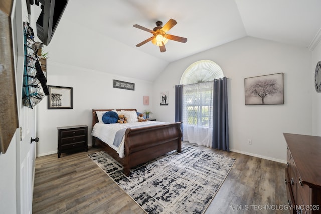 27108 E 82nd St S, Broken Arrow, OK 74014 - bedroom featuring lofted ceiling, wood finished floors, ceiling fan, and baseboards