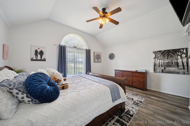 27108 E 82nd St S, Broken Arrow, OK 74014 - bedroom with vaulted ceiling, wood finished floors, ceiling fan, and baseboards