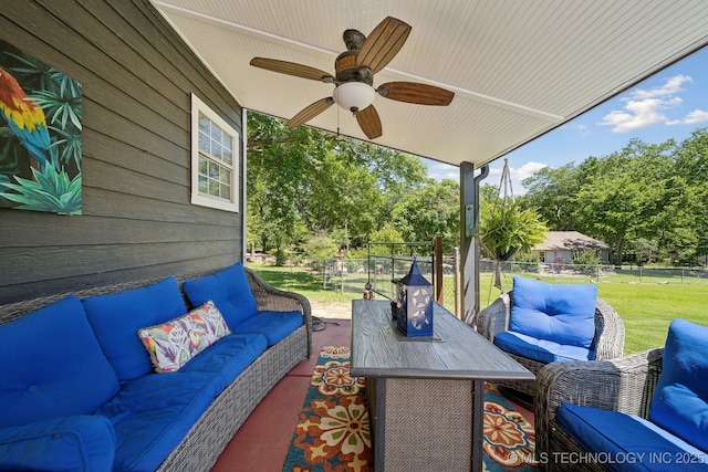 27108 E 82nd St S, Broken Arrow, OK 74014 - view of patio featuring an outdoor hangout area, ceiling fan, and view of scattered trees