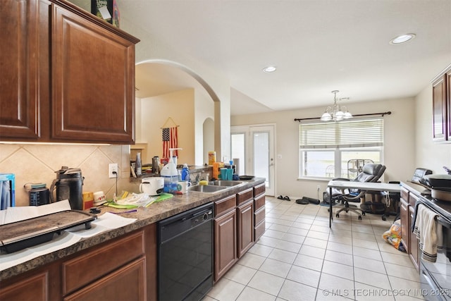 14507 E 110th Pl, Owasso, OK 74055 - kitchen with dishwasher, a sink, dark countertops, light tile patterned floors, and tasteful backsplash