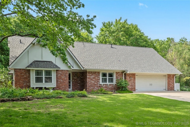 view of front facade with an attached garage, driveway, a front yard, and a shingled roof