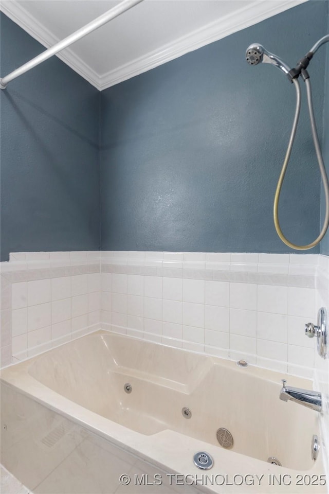 full bathroom with a whirlpool tub, crown molding, and a shower