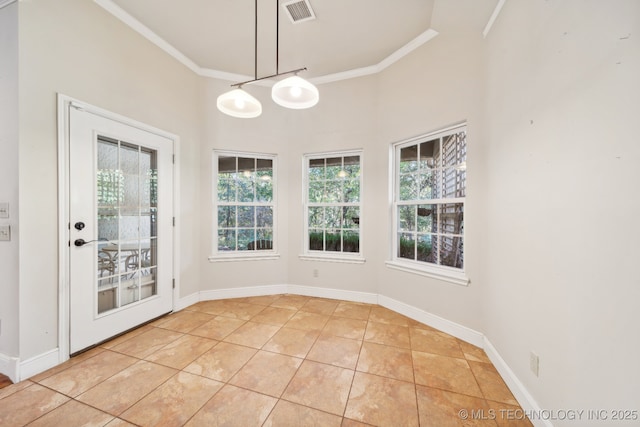 8008 S Juniper Ave, Broken Arrow, OK 74011 - unfurnished dining area featuring crown molding, baseboards, light tile patterned floors, and a high ceiling