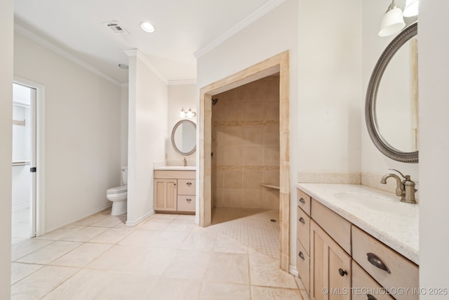 8008 S Juniper Ave, Broken Arrow, OK 74011 - full bathroom with a walk in shower, crown molding, toilet, two vanities, and baseboards