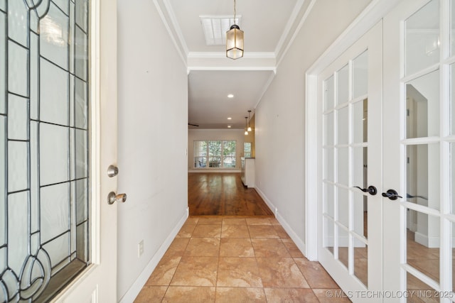 8008 S Juniper Ave, Broken Arrow, OK 74011 - corridor with french doors, crown molding, and baseboards