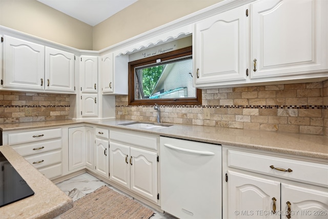 3805 E 64th Pl, Tulsa, OK 74136 - kitchen with dishwasher, a sink, white cabinets, and light marble finish floors