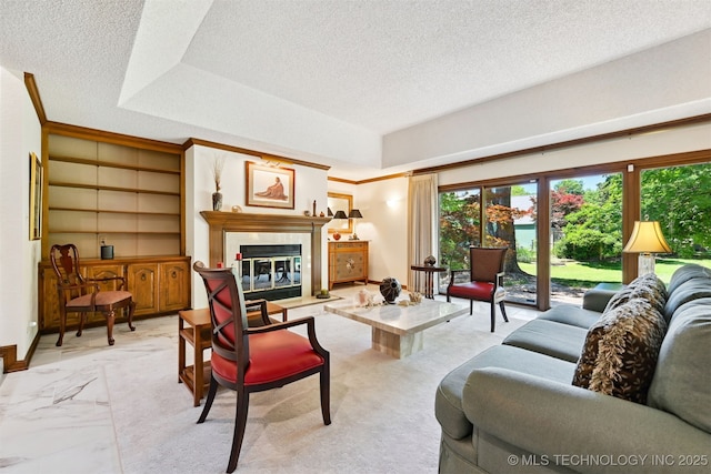 3805 E 64th Pl, Tulsa, OK 74136 - living area with a textured ceiling and a tiled fireplace