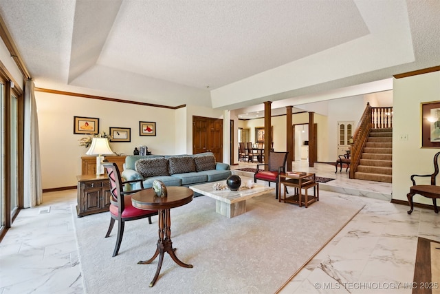 3805 E 64th Pl, Tulsa, OK 74136 - living room with light marble finish floors, a tray ceiling, a textured ceiling, baseboards, and stairway