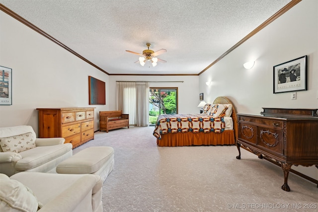 3805 E 64th Pl, Tulsa, OK 74136 - carpeted bedroom featuring ornamental molding, a textured ceiling, and ceiling fan