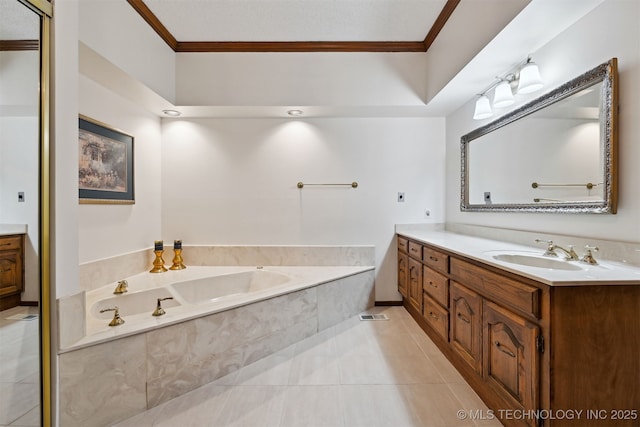 3805 E 64th Pl, Tulsa, OK 74136 - bathroom featuring ornamental molding, vanity, a bath, and tile patterned floors