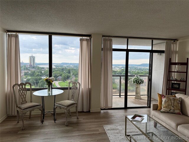 410 W 7th St Unit 1722, Tulsa, OK 74119 - living room with expansive windows, a textured ceiling, and wood finished floors