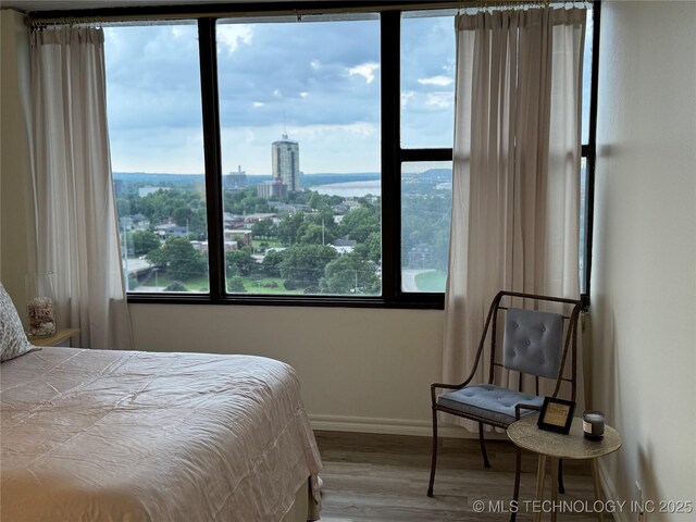 410 W 7th St Unit 1722, Tulsa, OK 74119 - bedroom with wood finished floors and a city view