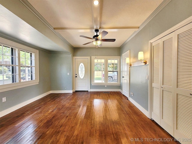 525 W Downing St, Tahlequah, OK 74464 - entrance foyer featuring wood-type flooring, a ceiling fan, healthy amount of natural light, baseboards, and crown molding