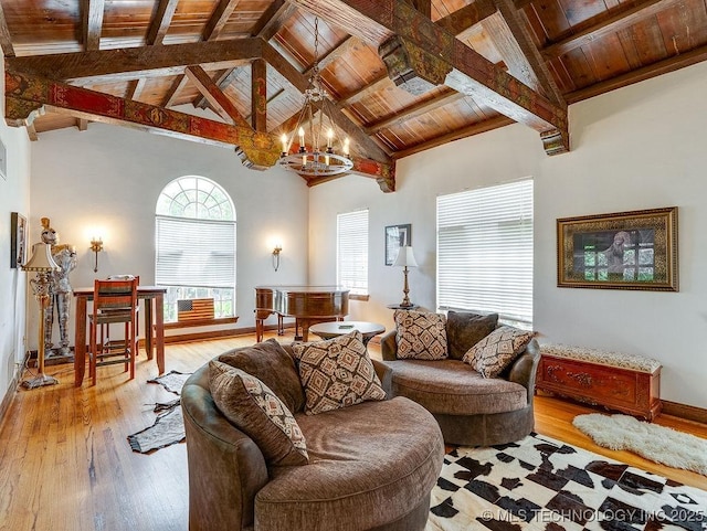 living room featuring wood ceiling, a chandelier, light wood-type flooring, beamed ceiling, and healthy amount of natural light