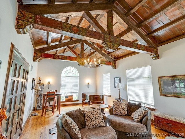 living room with wooden ceiling, beam ceiling, light wood finished floors, a chandelier, and high vaulted ceiling