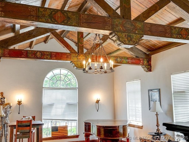 interior space with wooden ceiling and a chandelier